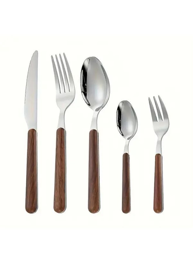 5pcs Stainless Steel Gold Plated Wood Grain Steak Knife Fork Spoon Set - Image 2